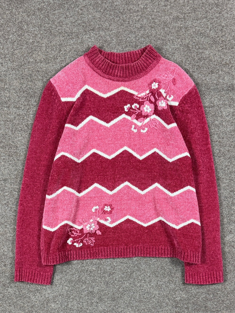 Vintage Pink Striped Floral Embroidered Chenille‎ Pullover Sweater Women’s Large